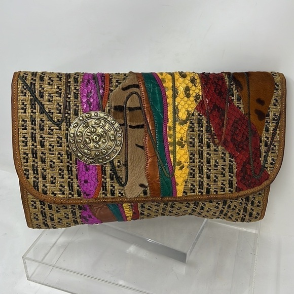 Carlos Falchi Woven Leather and Hemp and Exotic Patchwork of Skins Clutch Bag - Picture 4 of 16